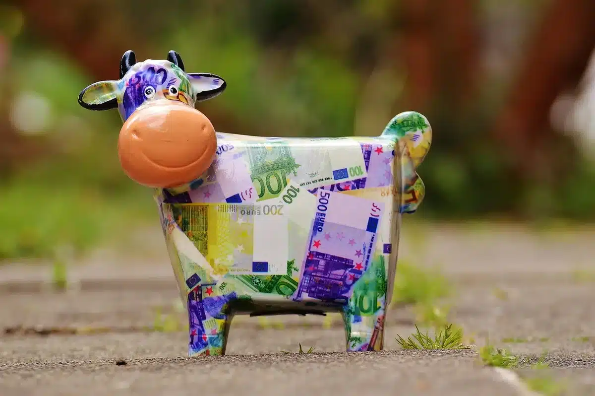 A child-sized piggy bank beside stacks of coins representing program deposits