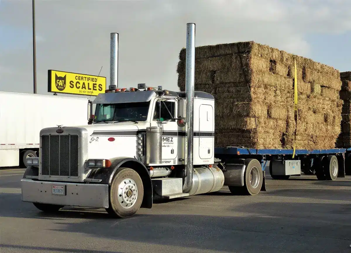 White semi-truck and support vehicle parked in a lot while bags are moved