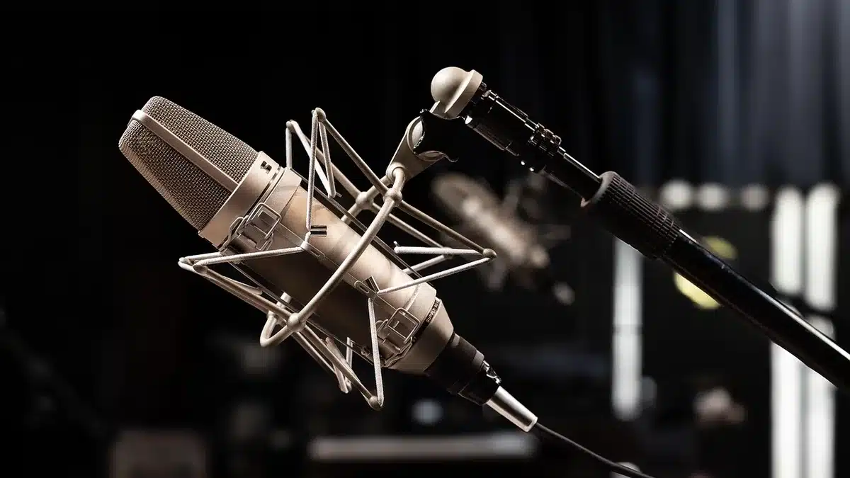 Panel of anonymous podcasters on stage with microphones during a live debate